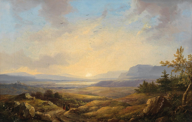 Hand-painted sunset valley with distant mountains landscape oil painting on canvas