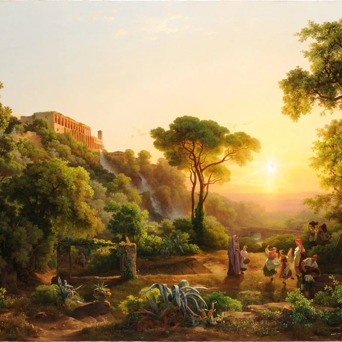 Landscape Oil Painting - Sunset Valley with Figures & Ruins - Oil Painting Haven