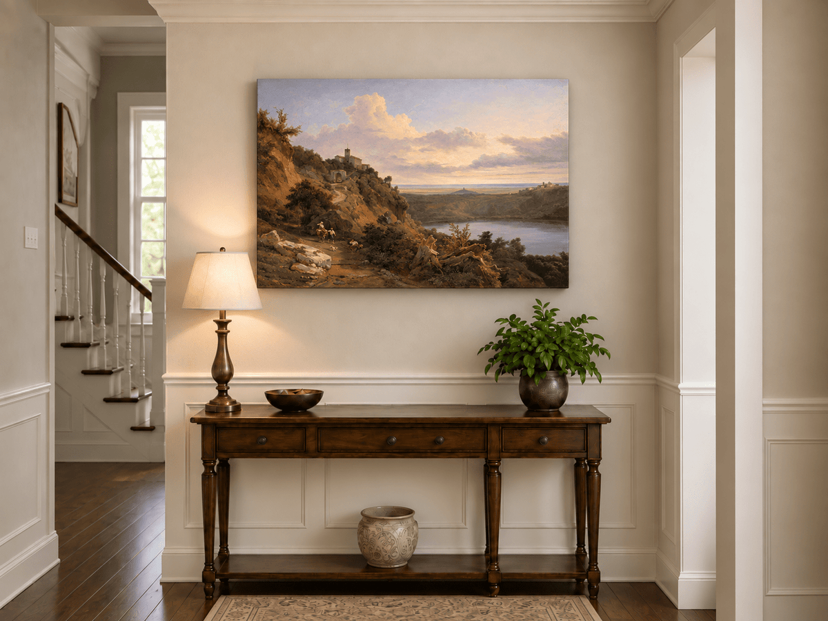 Landscape Oil Painting - Sunset Valley with Lake and Hills
