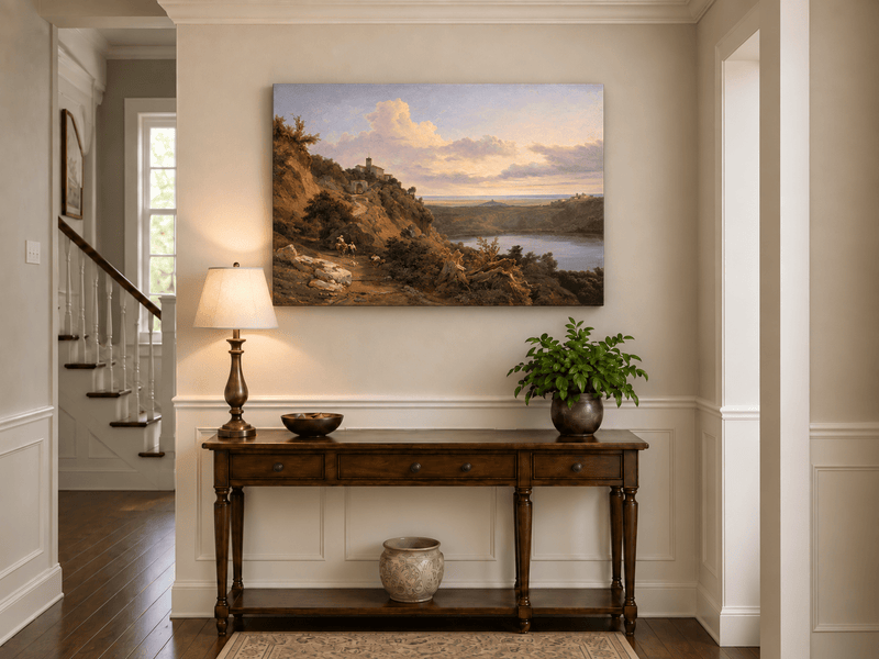Landscape Oil Painting - Sunset Valley with Lake and Hills