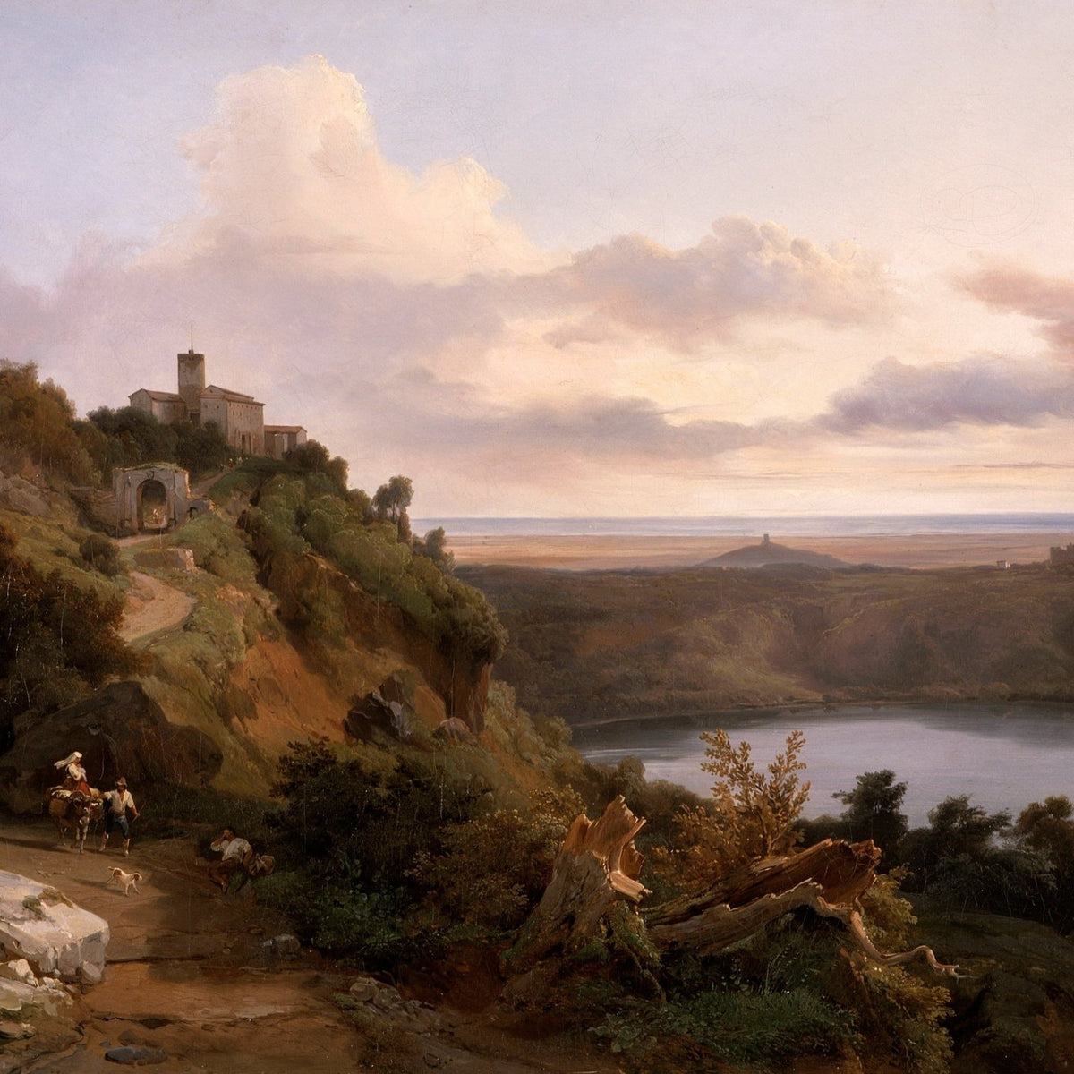 Hand-painted sunset valley with lake and hills landscape oil painting on canvas