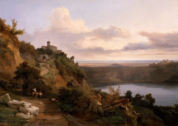 Hand-painted sunset valley with lake and hills landscape oil painting on canvas