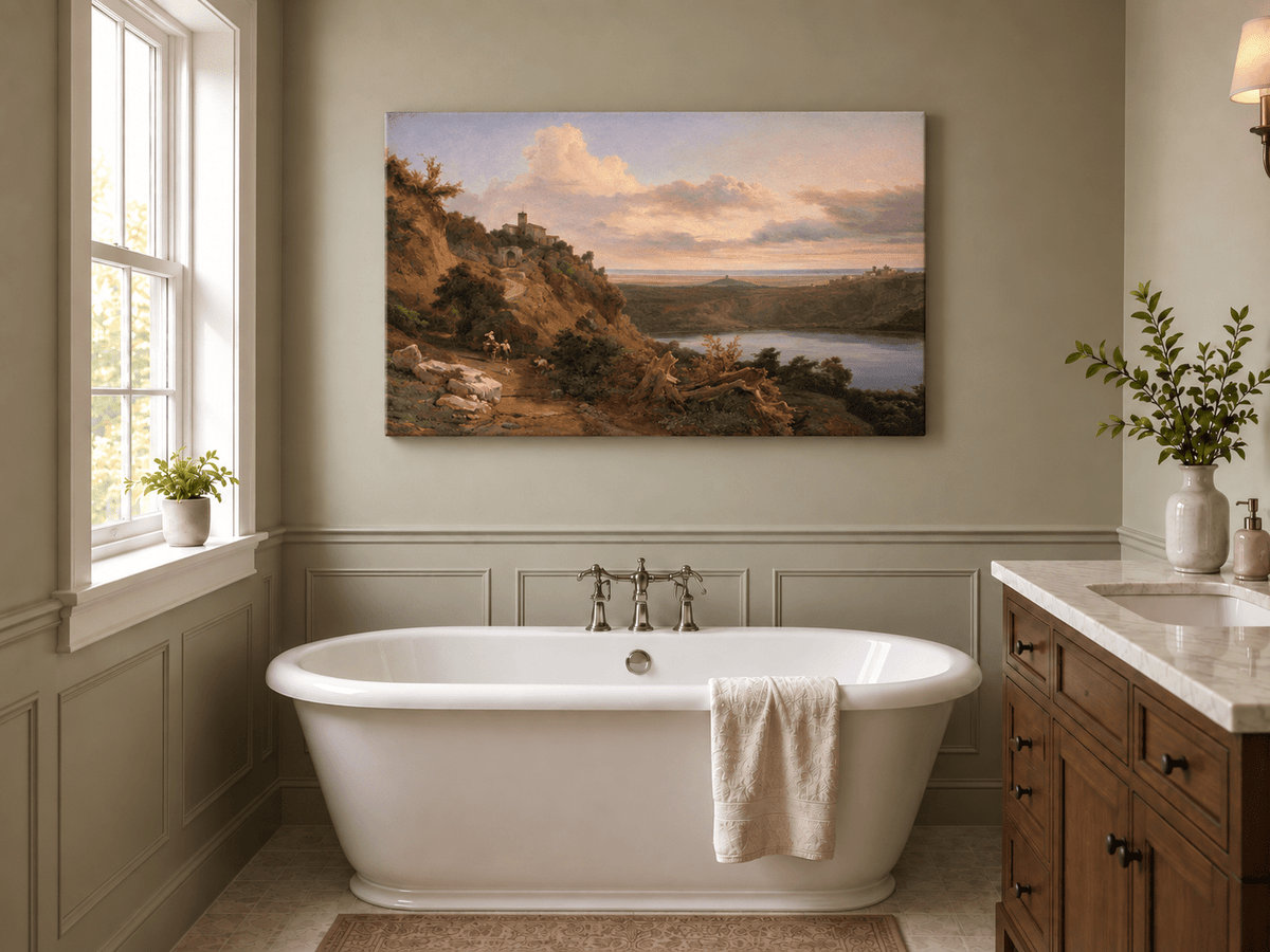 Landscape Oil Painting - Sunset Valley with Lake and Hills