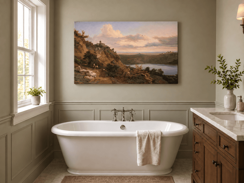 Landscape Oil Painting - Sunset Valley with Lake and Hills