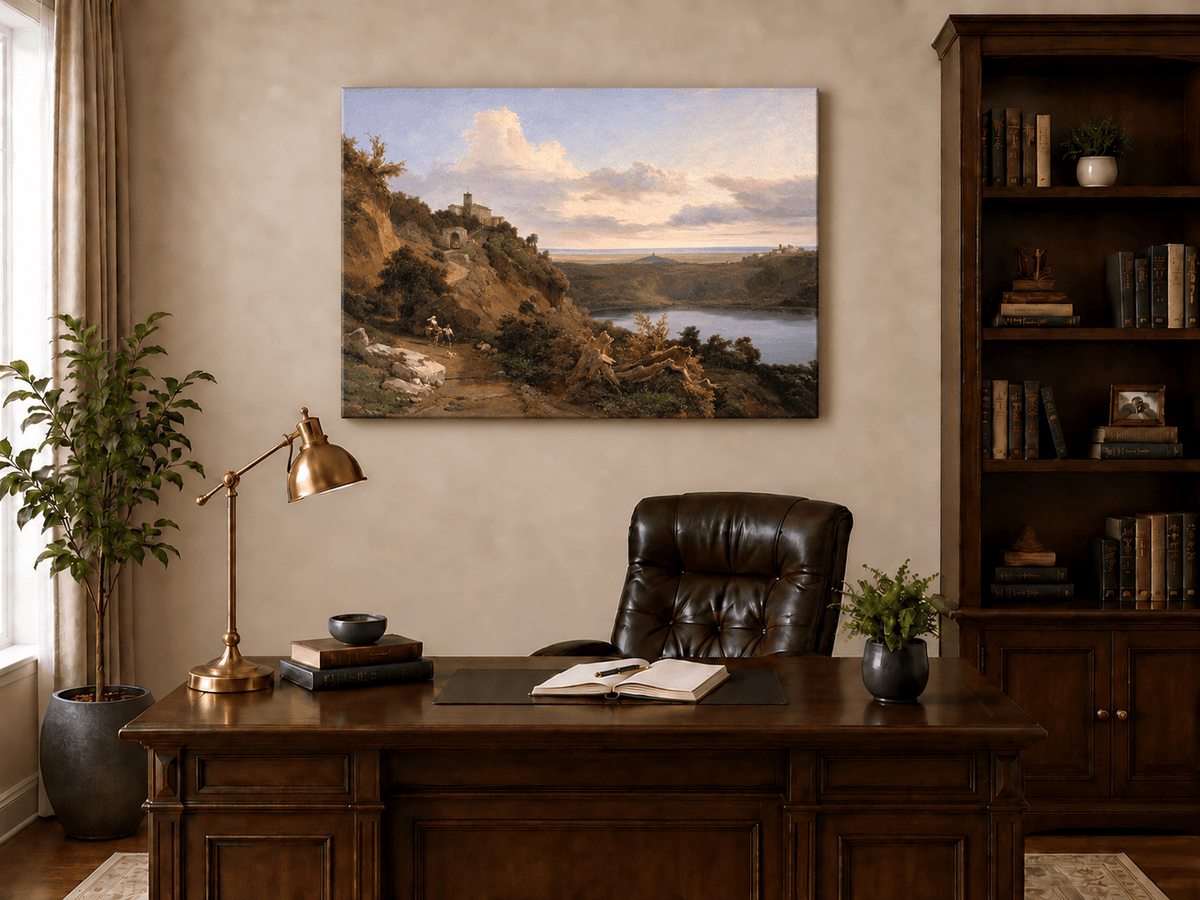 Landscape Oil Painting - Sunset Valley with Lake and Hills