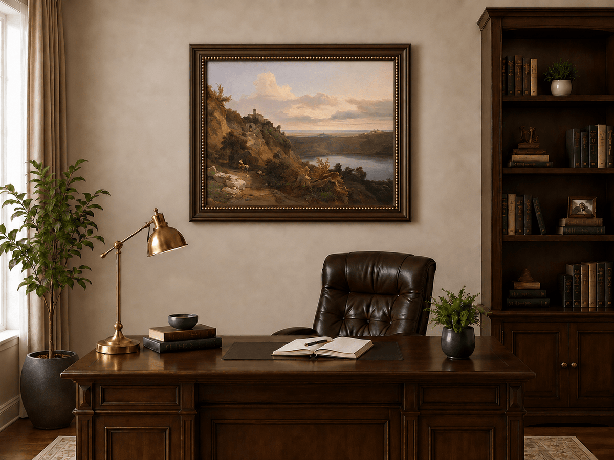 Landscape Oil Painting - Sunset Valley with Lake and Hills