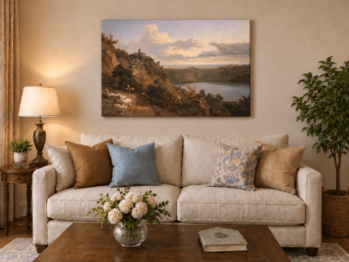 Landscape Oil Painting - Sunset Valley with Lake and Hills