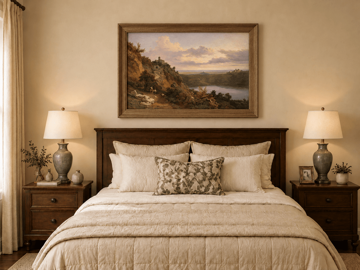 Landscape Oil Painting - Sunset Valley with Lake and Hills