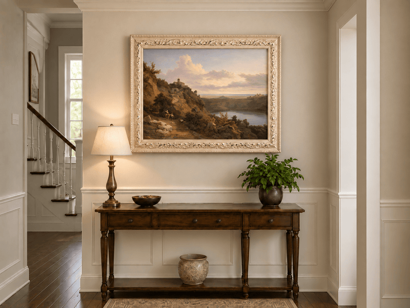 Landscape Oil Painting - Sunset Valley with Lake and Hills