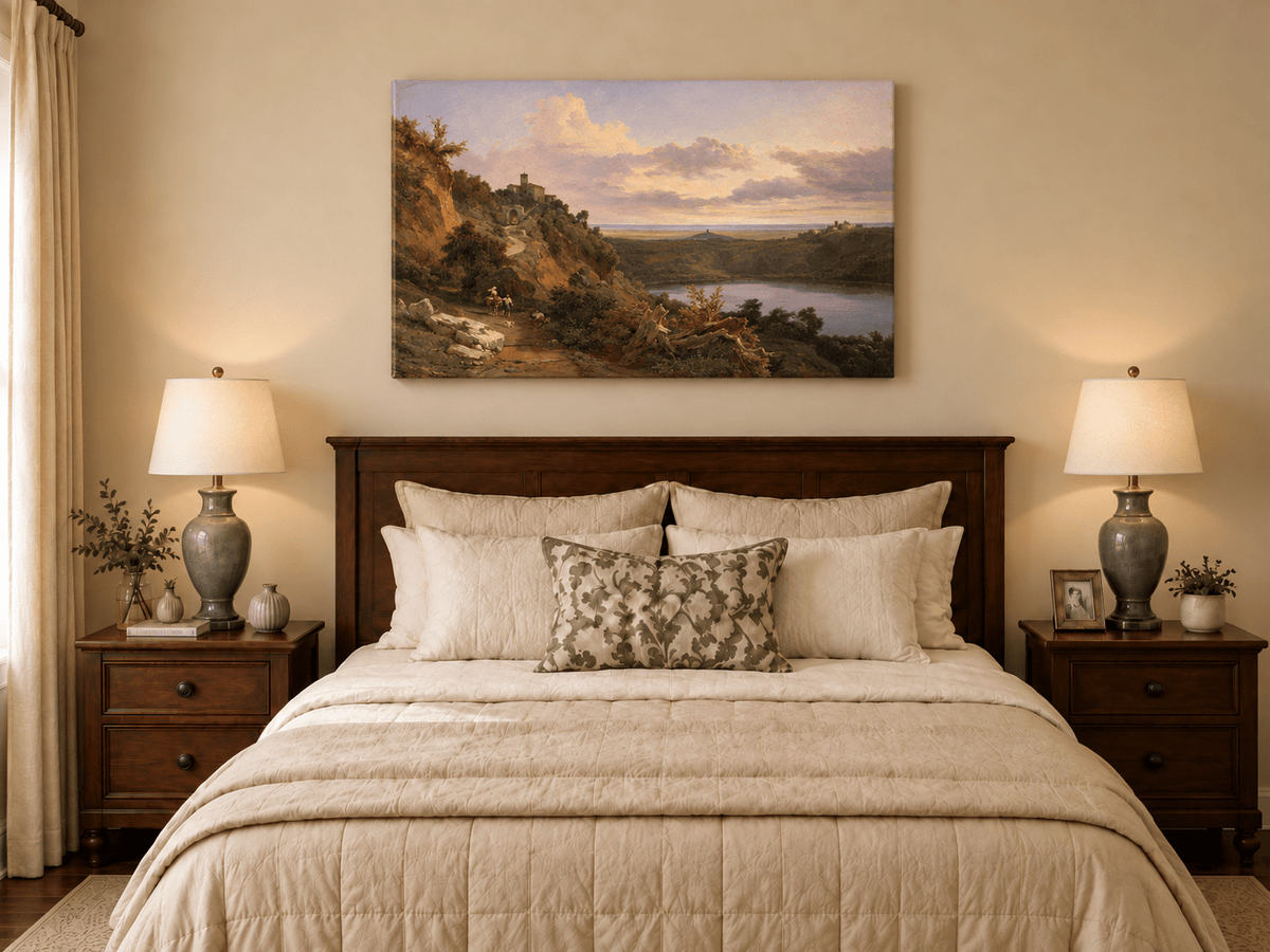 Landscape Oil Painting - Sunset Valley with Lake and Hills