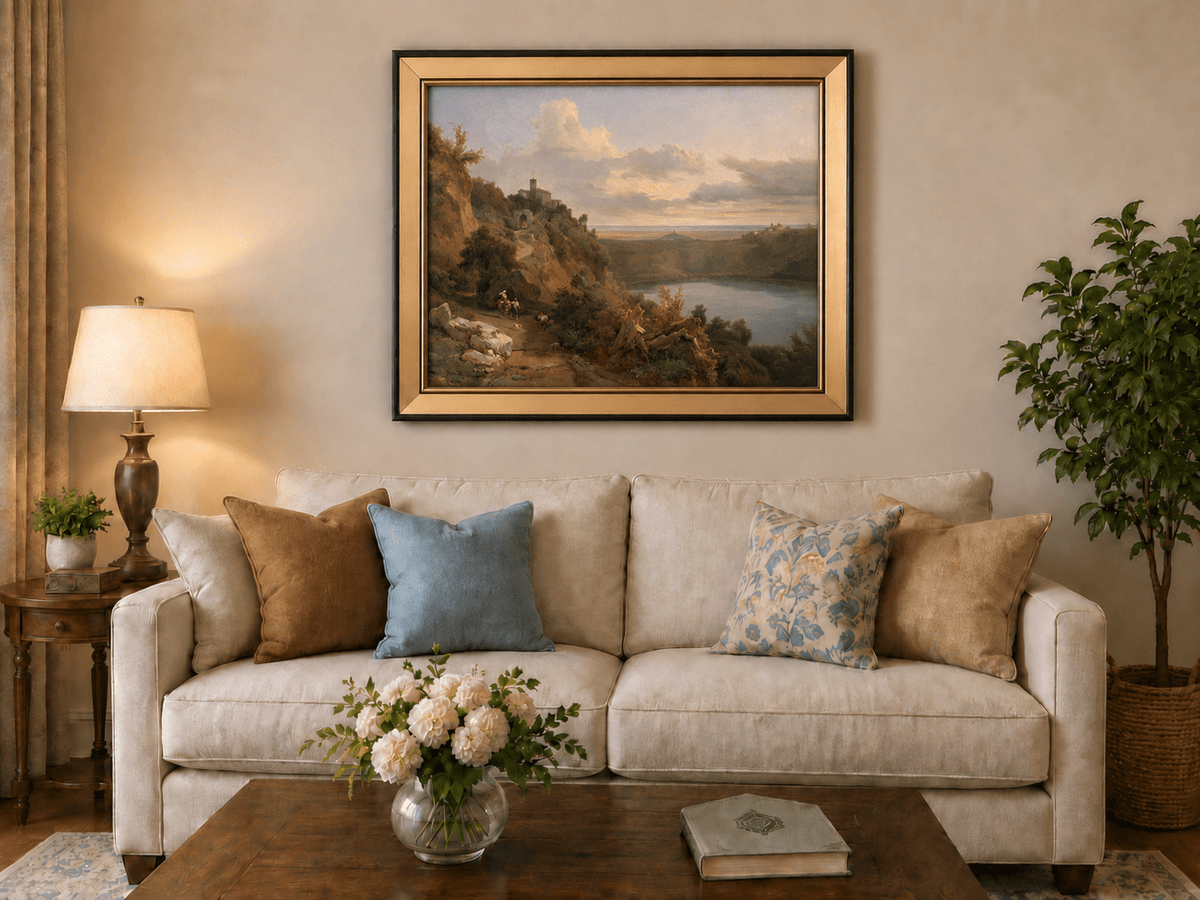 Landscape Oil Painting - Sunset Valley with Lake and Hills