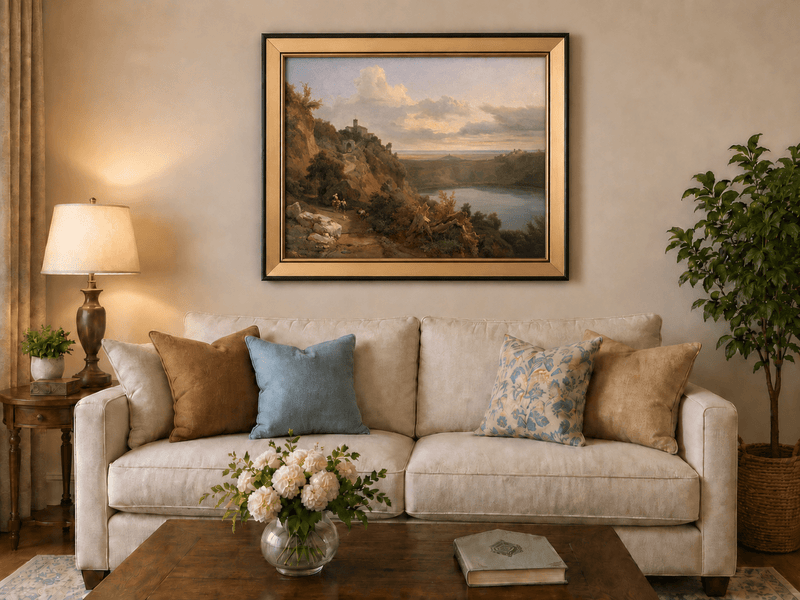 Landscape Oil Painting - Sunset Valley with Lake and Hills