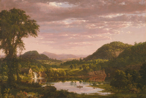 Landscape Oil Painting - Sunset Valley with Mill and Lake - Oil Painting Haven