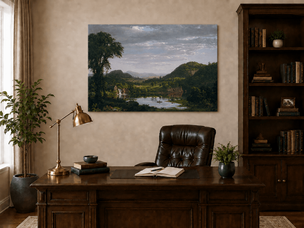 Peinture à l'huile de paysage - Village côtier avec phare et coucher de soleil