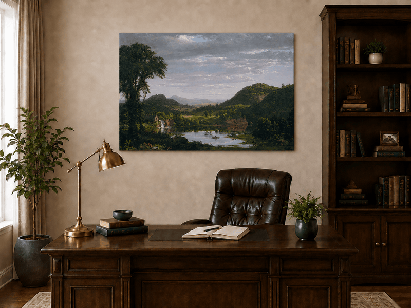 Peinture à l'huile de paysage - Village côtier avec phare et coucher de soleil