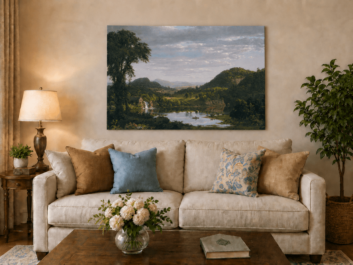 Peinture à l'huile de paysage - Village côtier avec phare et coucher de soleil