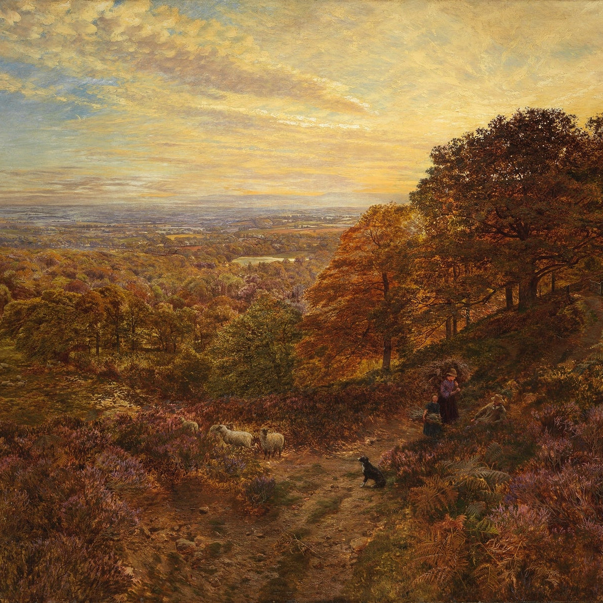 Landscape Oil Painting - Sunset Valley with Sheep and Heather - Oil Painting Haven