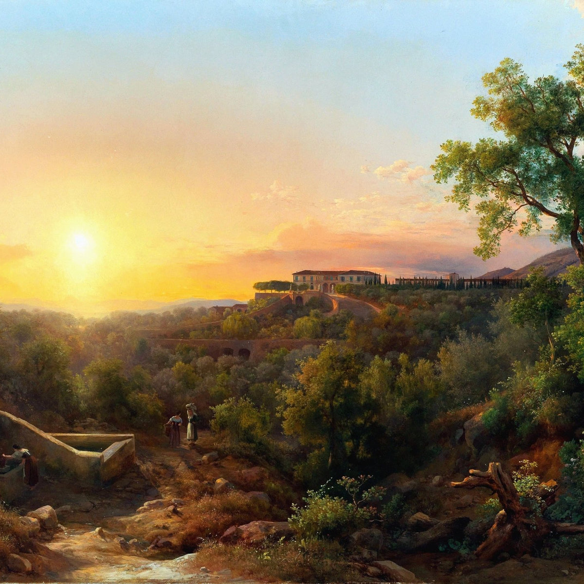 Landscape Oil Painting - Sunset Valley with Villa and Cypress - Oil Painting Haven