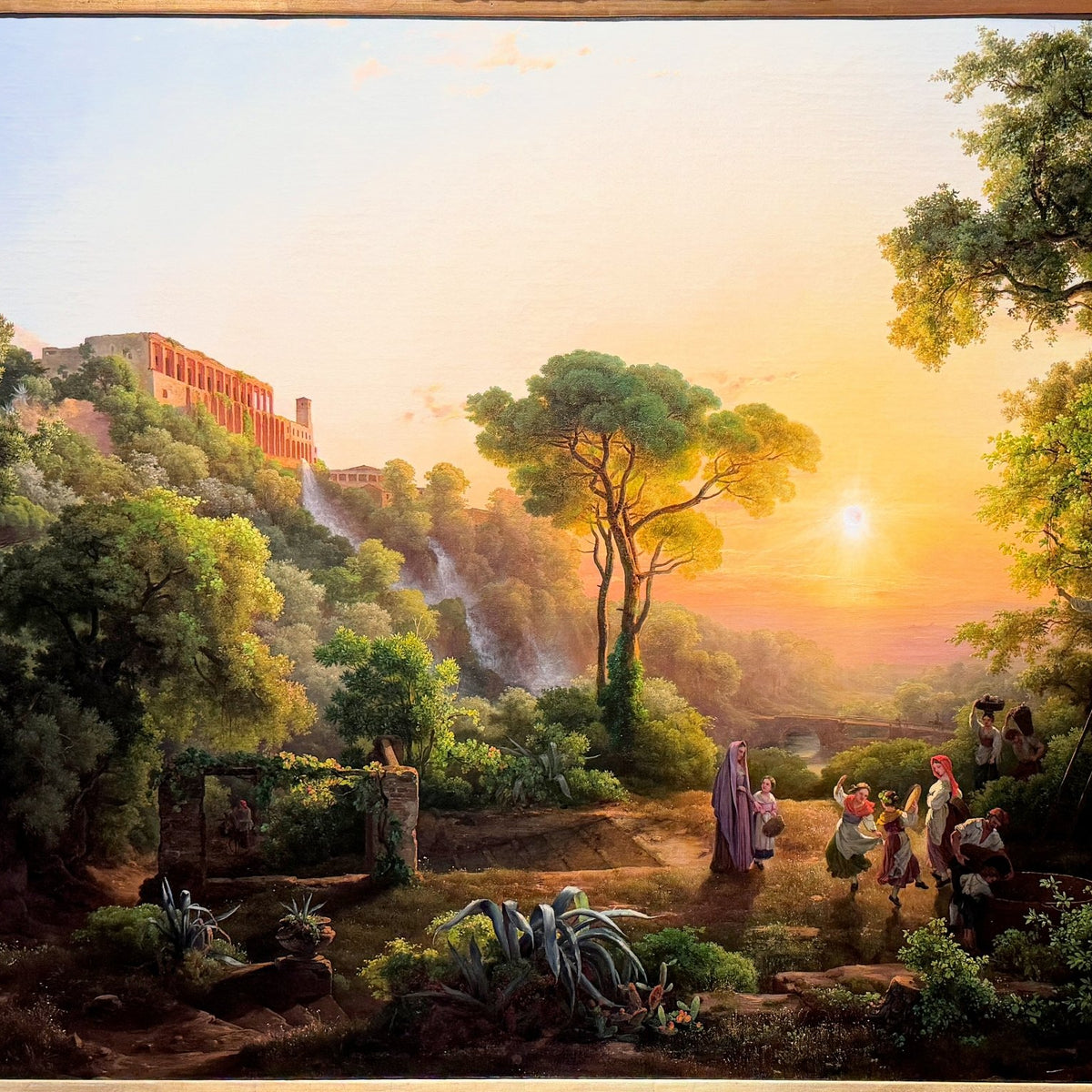 Hand-painted sunset villa garden with figures landscape oil painting on canvas