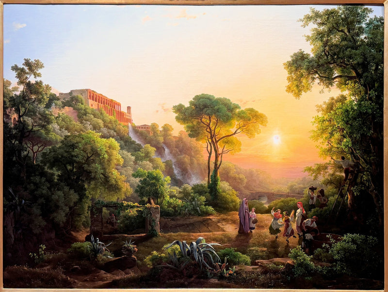 Hand-painted sunset villa garden with figures landscape oil painting on canvas