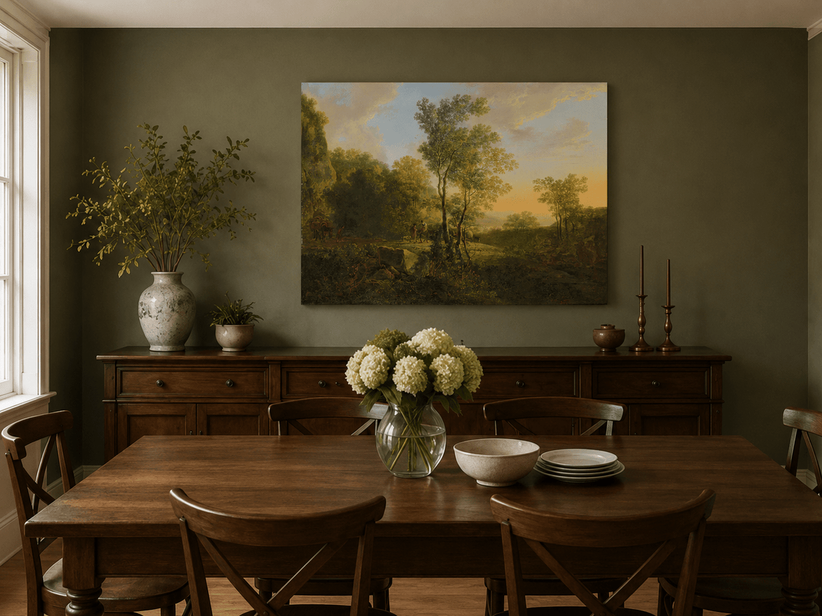 Hand-painted woodland valley with figures landscape artwork in an interior display.
