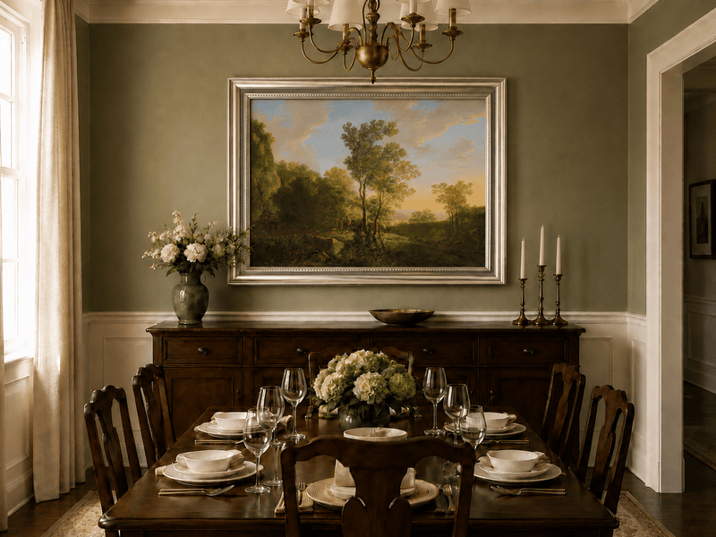 Sunset woodland valley oil landscape artwork shown in a styled home interior.