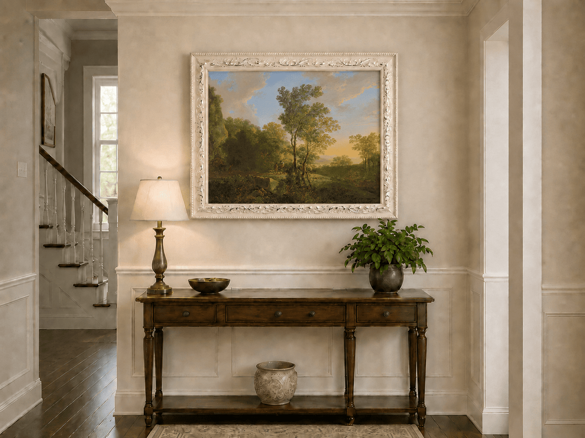 Sunset woodland valley with figures hand-painted oil artwork shown as home wall decor.