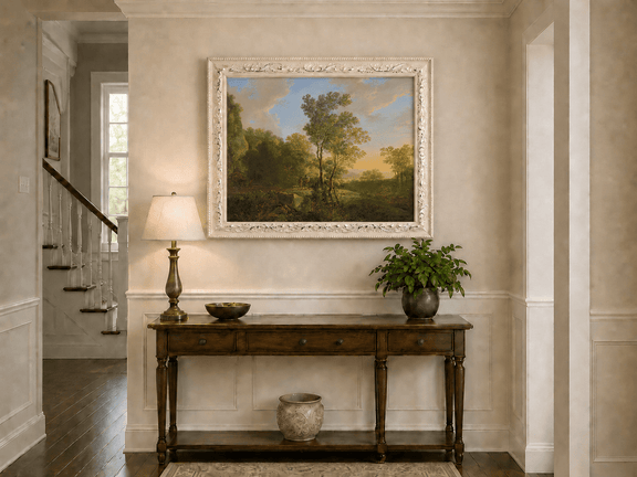 Sunset woodland valley with figures hand-painted oil artwork shown as home wall decor.