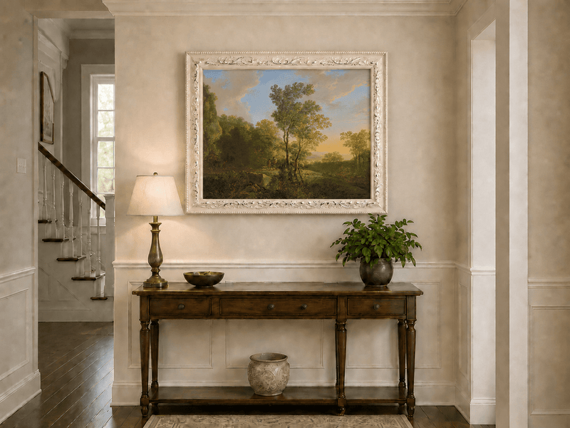 Sunset woodland valley with figures hand-painted oil artwork shown as home wall decor.