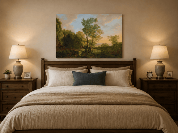 Sunset woodland valley oil painting displayed as landscape wall decor.