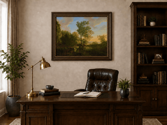 Woodland valley at sunset with figures landscape oil painting presented in an interior wall art mockup.