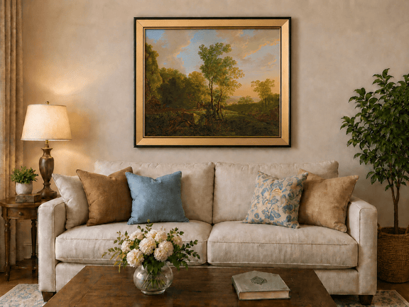 Sunset woodland valley with figures landscape oil painting displayed in a styled home interior.