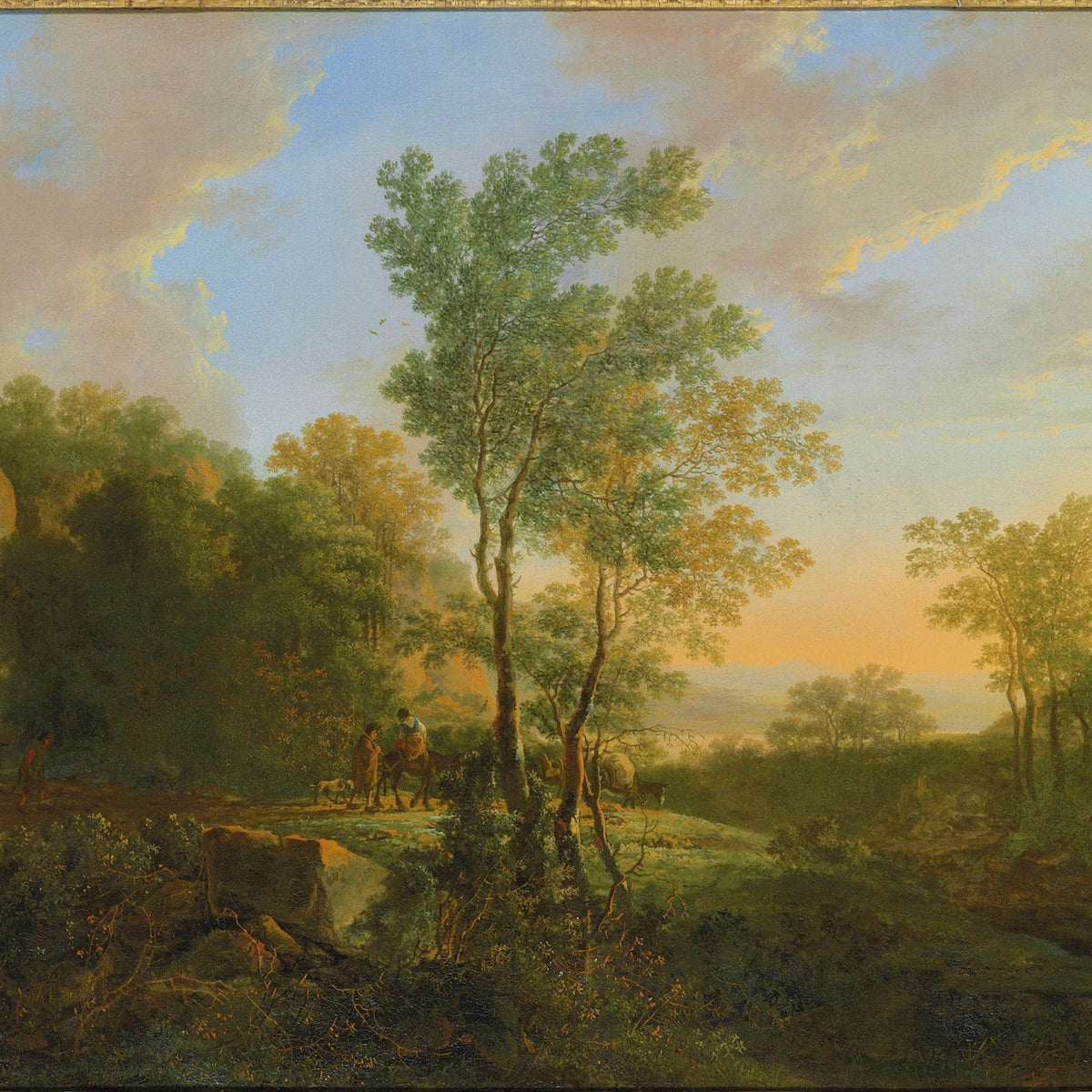 Hand-painted sunset woodland valley with figures landscape oil painting on canvas