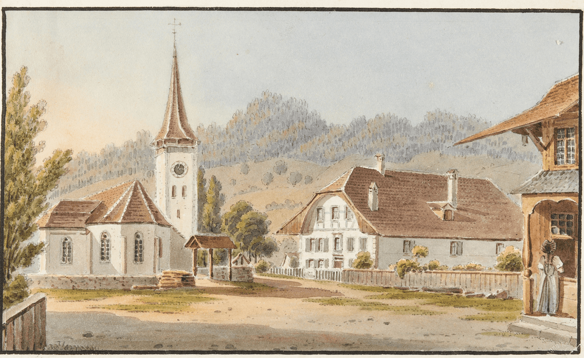 Landscape Oil Painting - Swiss Village Church and Country Houses - Oil Painting Haven