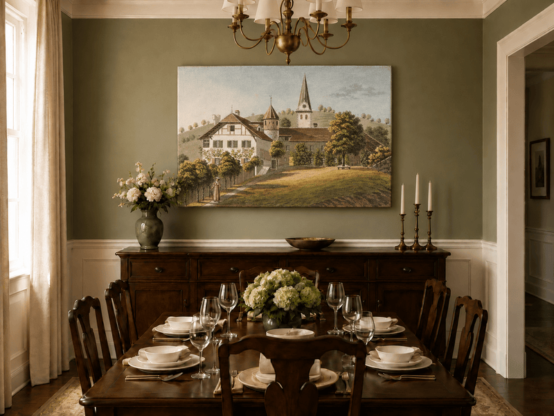 Peinture à l'huile de paysage - Gouffre rocheux spectaculaire avec personnages