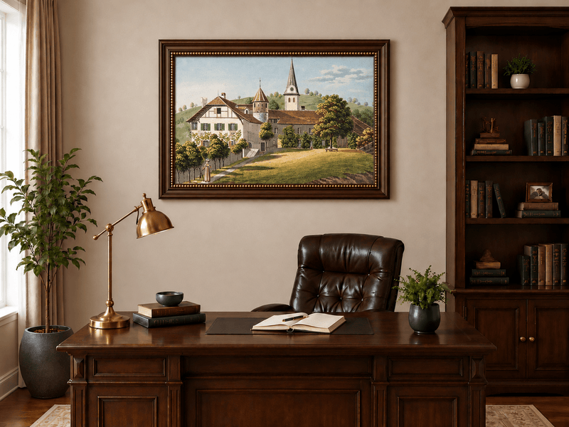 Peinture à l'huile de paysage - Gouffre rocheux spectaculaire avec personnages