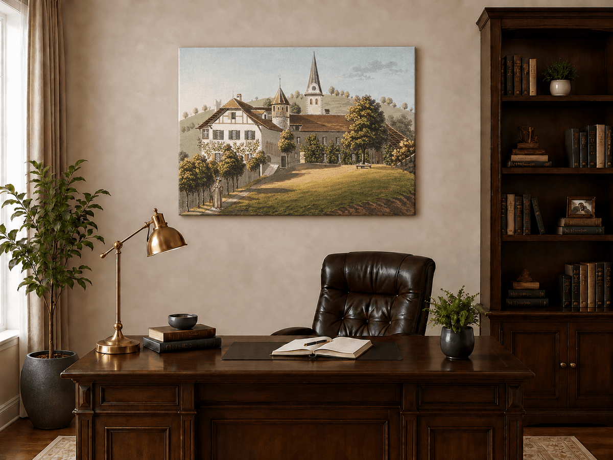 Peinture à l'huile de paysage - Gouffre rocheux spectaculaire avec personnages
