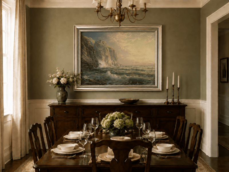 Framed hand-painted coastal oil painting with tall cliffs, rolling waves and glowing skies displayed above a formal dining table.