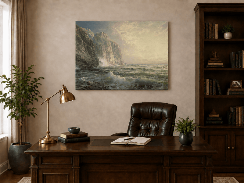 Unframed hand-painted coastal oil painting with tall cliffs, rolling waves and glowing skies displayed above a traditional home office desk.