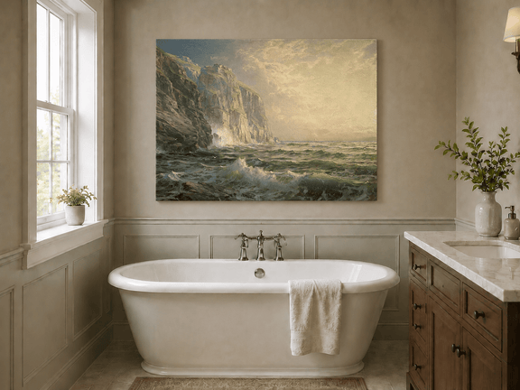 Unframed hand-painted coastal oil painting with tall cliffs, rolling waves and glowing skies displayed above a freestanding bathtub.
