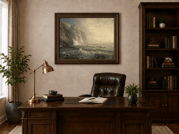Framed hand-painted coastal oil painting with tall cliffs, rolling waves and glowing skies displayed above a traditional home office desk.