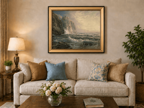Framed hand-painted coastal oil painting with tall cliffs, rolling waves and glowing skies displayed above a neutral living room sofa.