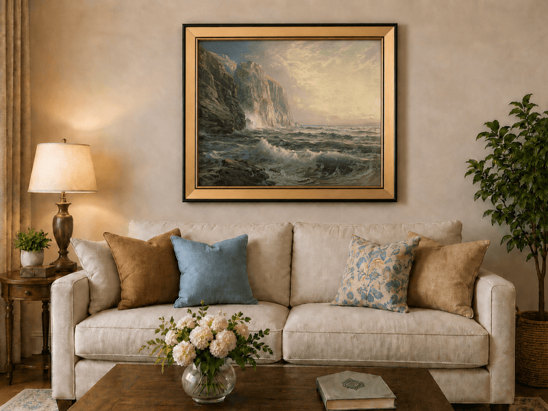 Framed hand-painted coastal oil painting with tall cliffs, rolling waves and glowing skies displayed above a neutral living room sofa.