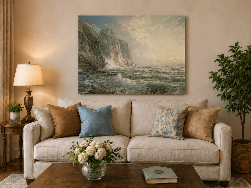 Unframed hand-painted coastal oil painting with tall cliffs, rolling waves and glowing skies displayed above a neutral living room sofa.