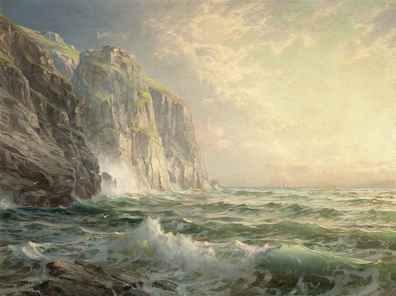 Landscape Oil Painting - Tall Coastal Cliffs & Soft Glowing Skies - Oil Painting Haven