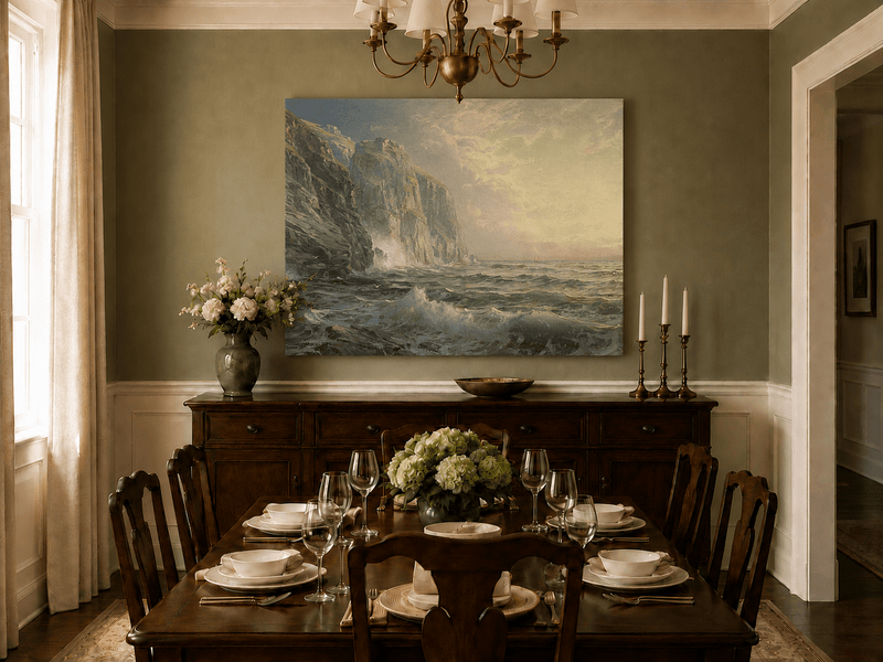 Unframed hand-painted coastal oil painting with tall cliffs, rolling waves and glowing skies displayed above a formal dining table.