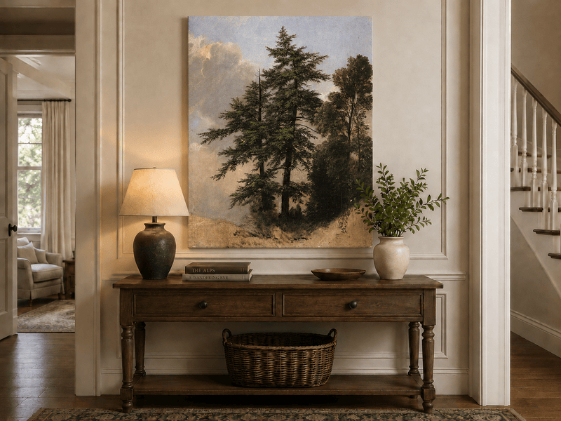 Peinture à l'huile de paysage - Grands pins dans une clairière forestière