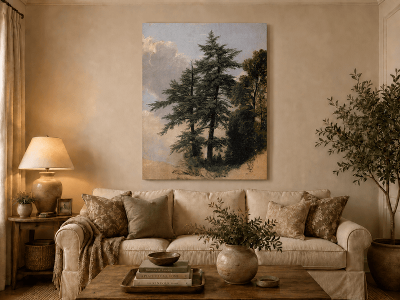 Peinture à l'huile de paysage - Grands pins dans une clairière forestière