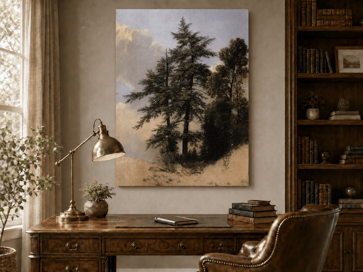 Peinture à l'huile de paysage - Grands pins dans une clairière forestière