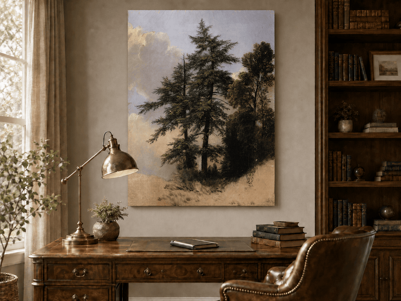 Peinture à l'huile de paysage - Grands pins dans une clairière forestière